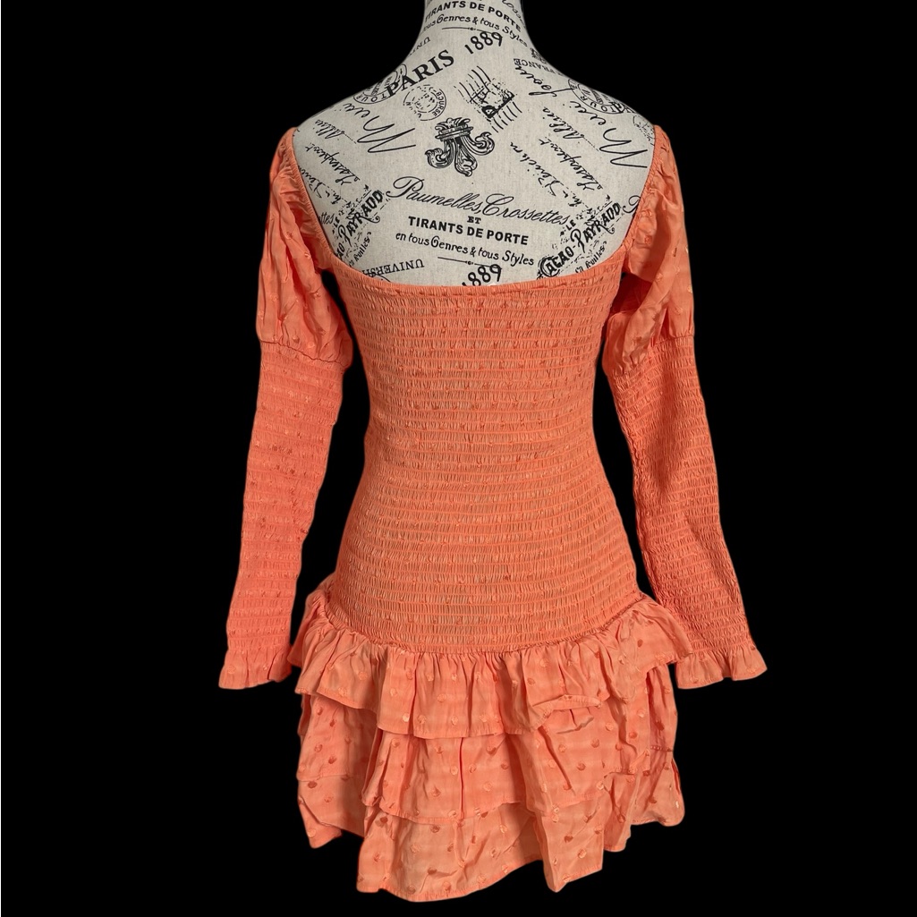 Tularosa Coral Smocked Ruffle Mini Dress Small Long Sleeve Square Neck Revolve